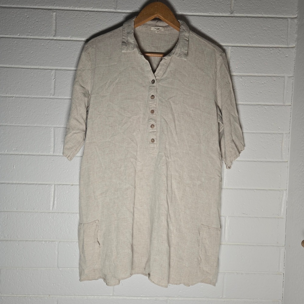 Easel Linen‎ Cotton Tunic Dress Large Beige Henley Coconut Pockets Hippie
